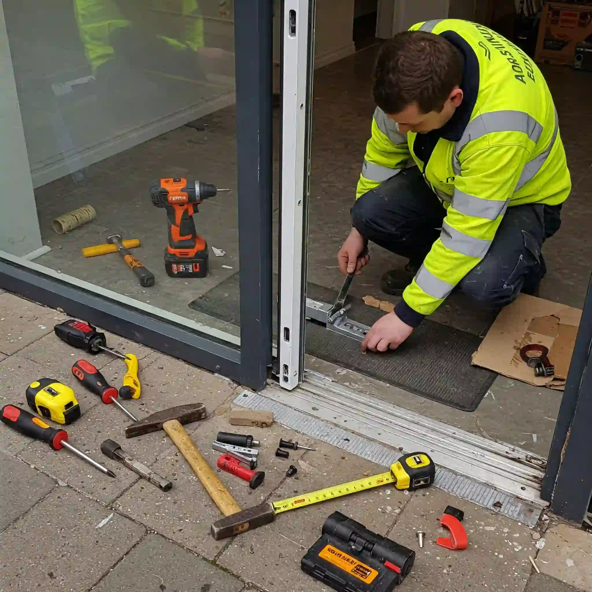 Technician working on commercial door repair in a Langdon Park shopfront